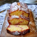 Rhabarber-Joghurt-Kuchen auf einem Teller, dekoriert mit frischen Rhabarberstücken