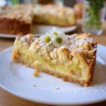 Rhabarber Quark Kuchen mit Streuseltopping auf einem weißen Teller.