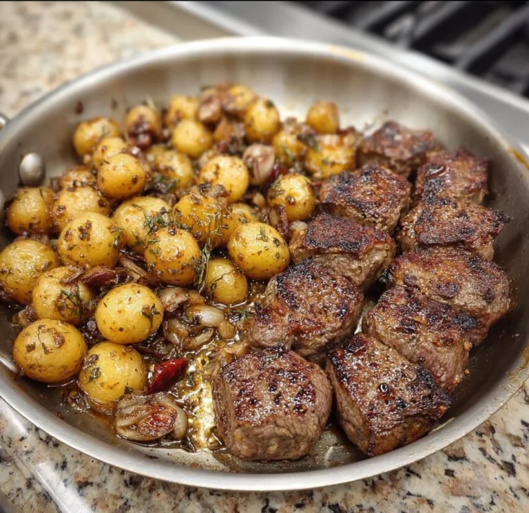 Ribeye Steak mit knusprigen Kartoffeln auf einem Teller