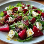 Rote Bete-Feta-Salat mit Rucola auf einem Teller