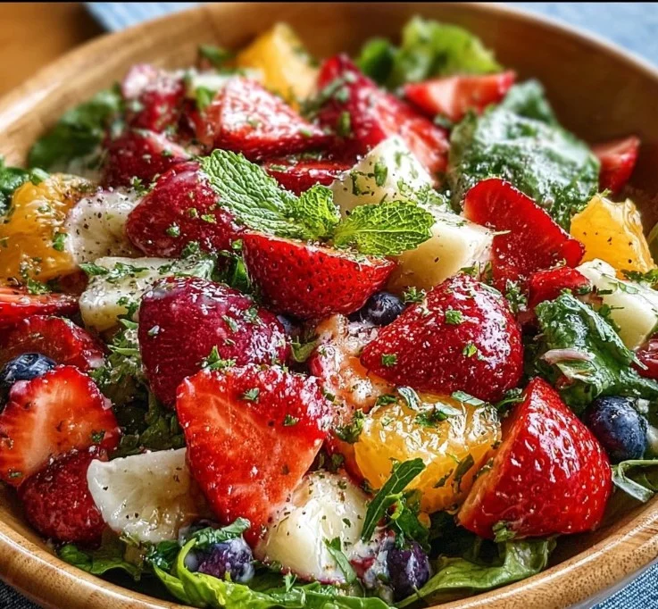 Erfrischender Sommer Erdbeer-Salat mit frischen Zutaten und buntem Gemüse.
