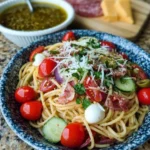 Leckeres Spaghettisalat Rezept mit frischen Zutaten und Dressing.