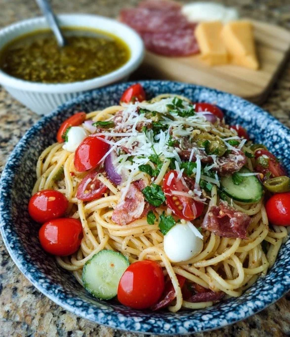 Leckeres Spaghettisalat Rezept mit frischen Zutaten und Dressing.