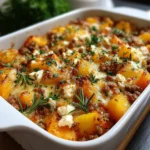 Süßkartoffel- und Hackfleischauflauf mit Feta in einer Auflaufform