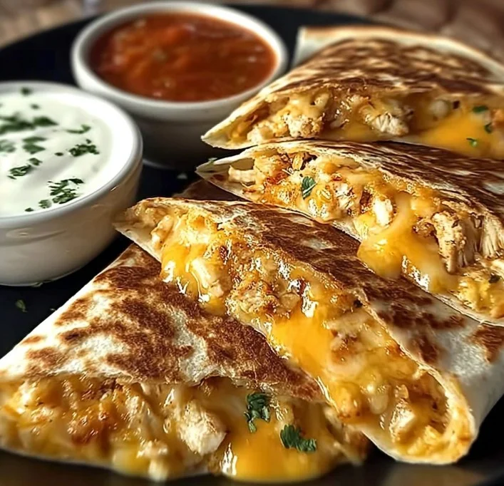 Hausgemachte Hähnchen-Quesadilla nach Taco Bell Rezept mit Käse und Salsa.