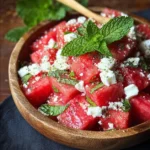 Wassermelonen-Feta-Salat mit frischer Minze auf einem Tisch serviert.