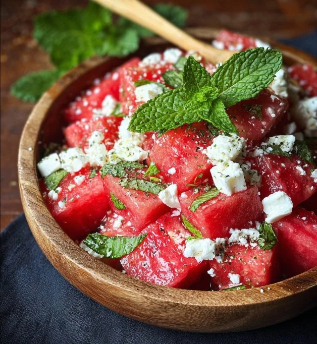 Wassermelonen-Feta-Salat mit frischer Minze auf einem Tisch serviert.