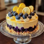 Zitronen-Blaubeer-Käsekuchen-Kuchen auf einem hübschen Teller