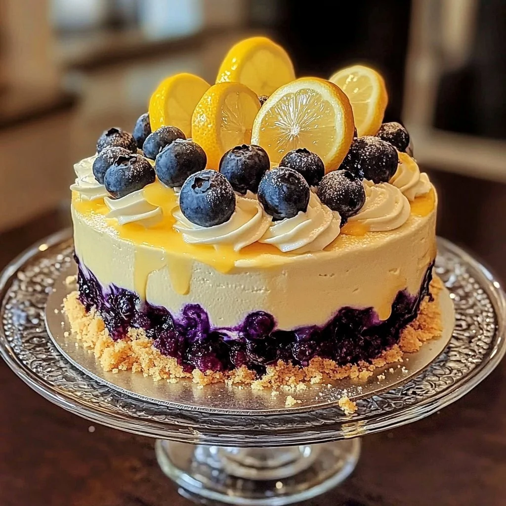 Zitronen-Blaubeer-Käsekuchen-Kuchen auf einem hübschen Teller