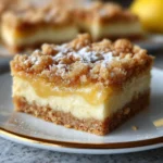 Zitronenkrümelquadrat auf einem Teller, dekoriert mit frischen Zitronenscheiben.