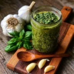Hausgemachtes Basilikum-Pesto in einer Schüssel mit frischen Basilikumblättern