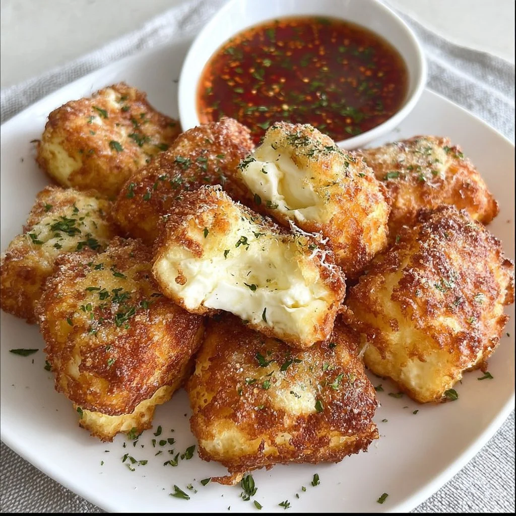 knusprigen Feta aus dem Airfryer auf einem Teller serviert.
