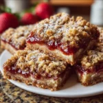 Leckere Erdbeer-Rhabarber-Riegel auf einem Holzbrett, ideal für Snacks