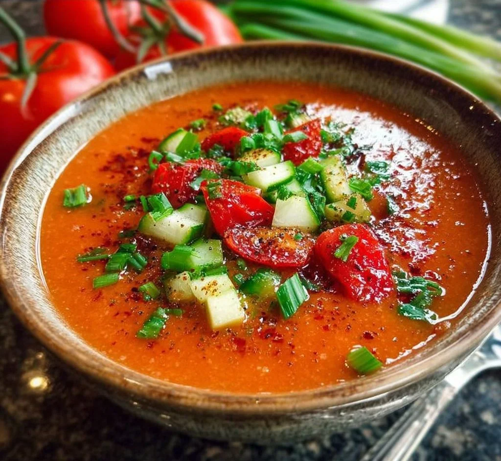 Schüssel mit erfrischendem Gazpacho aus frischen Tomaten und Gemüse