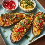 Auberginen mit Couscous-Paprika-Füllung auf einem Teller angerichtet