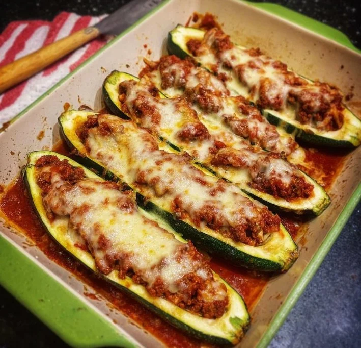 gefüllte Zucchini mit Hackfleisch auf einem Teller angerichtet