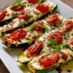 Gefüllte Zucchini mit Mozzarella und Tomaten auf einem Teller