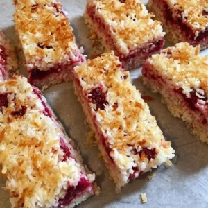 Gesunde Kokosriegel mit Johannisbeeren auf einem Teller
