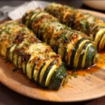 Leckeres Hasselback-Zucchini Gericht, frisch und gesund zubereitet.