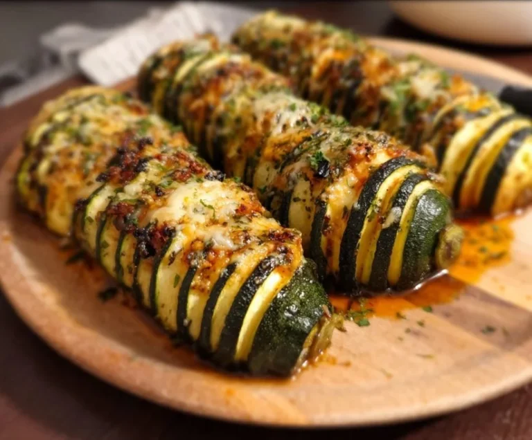 Leckeres Hasselback-Zucchini Gericht, frisch und gesund zubereitet.