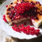 Käsekuchen ohne Boden mit frischen Johannisbeeren auf einem Teller