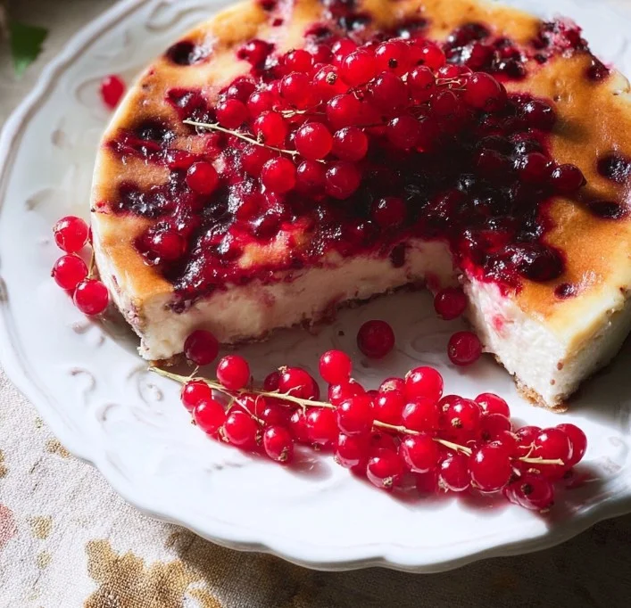 Käsekuchen ohne Boden mit frischen Johannisbeeren auf einem Teller