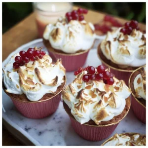 Johannisbeer-Cupcakes mit einem Mandelbaiser-Topping auf weißem Teller