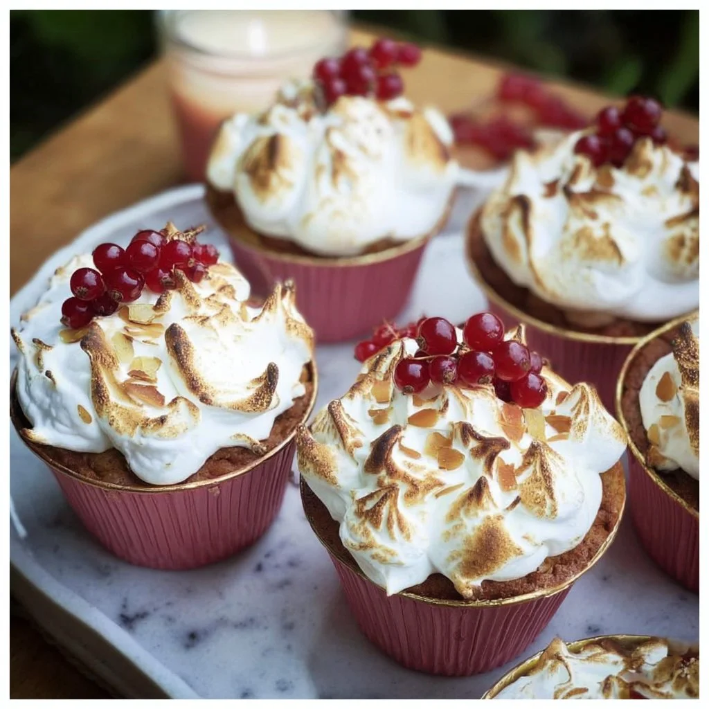 Johannisbeer-Cupcakes mit einem Mandelbaiser-Topping auf weißem Teller