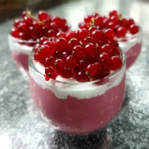 Schüssel mit frischem Johannisbeerpudding und roten Johannisbeeren