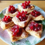 Leckere Blätterteigteilchen mit Johannisbeeren und Vanillepudding