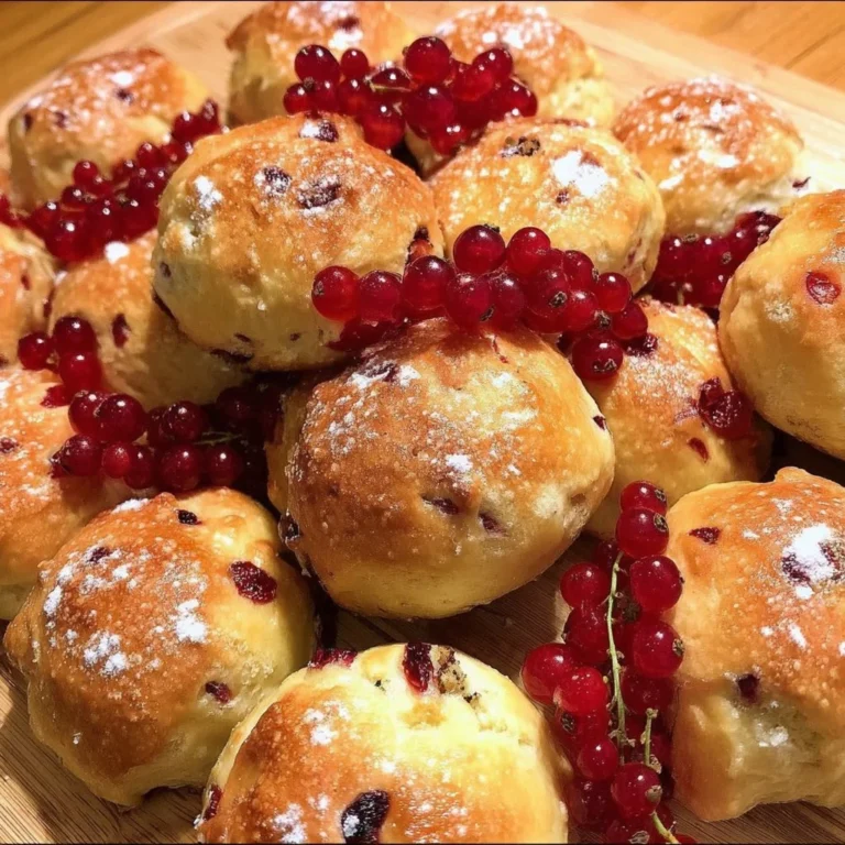 Leckere Quarkbrötchen mit Johannisbeeren auf einem Holzbrett