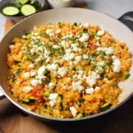 Zucchini-Reis-Pfanne mit Feta auf einem Teller angerichtet.