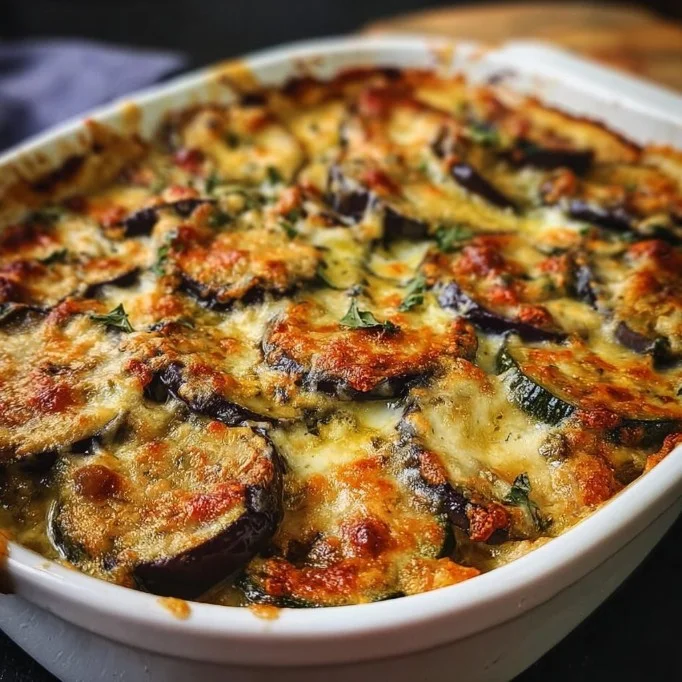 Mediterraner Auflauf mit Auberginen und Zucchini auf einem Teller