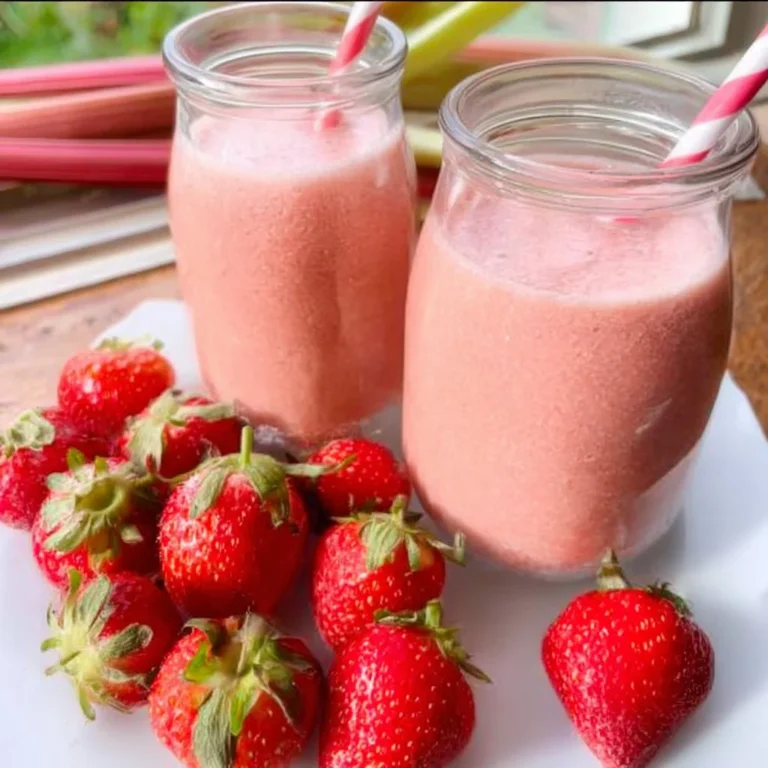 Erfrischender Schneller Rhabarber-Smoothie mit Erdbeeren in einem Glas mit frischen Zutaten