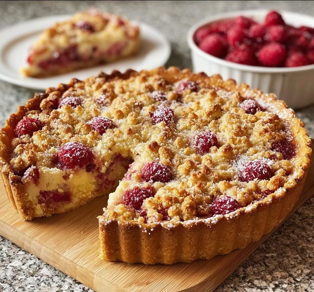 Rhabarber-Himbeer-Streuselkuchen mit knusprigen Streuseln