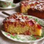 Ein köstlicher Rhabarber-Kokos-Kuchen auf einem Teller, dekoriert mit frischen Rhabarber-Stücken.