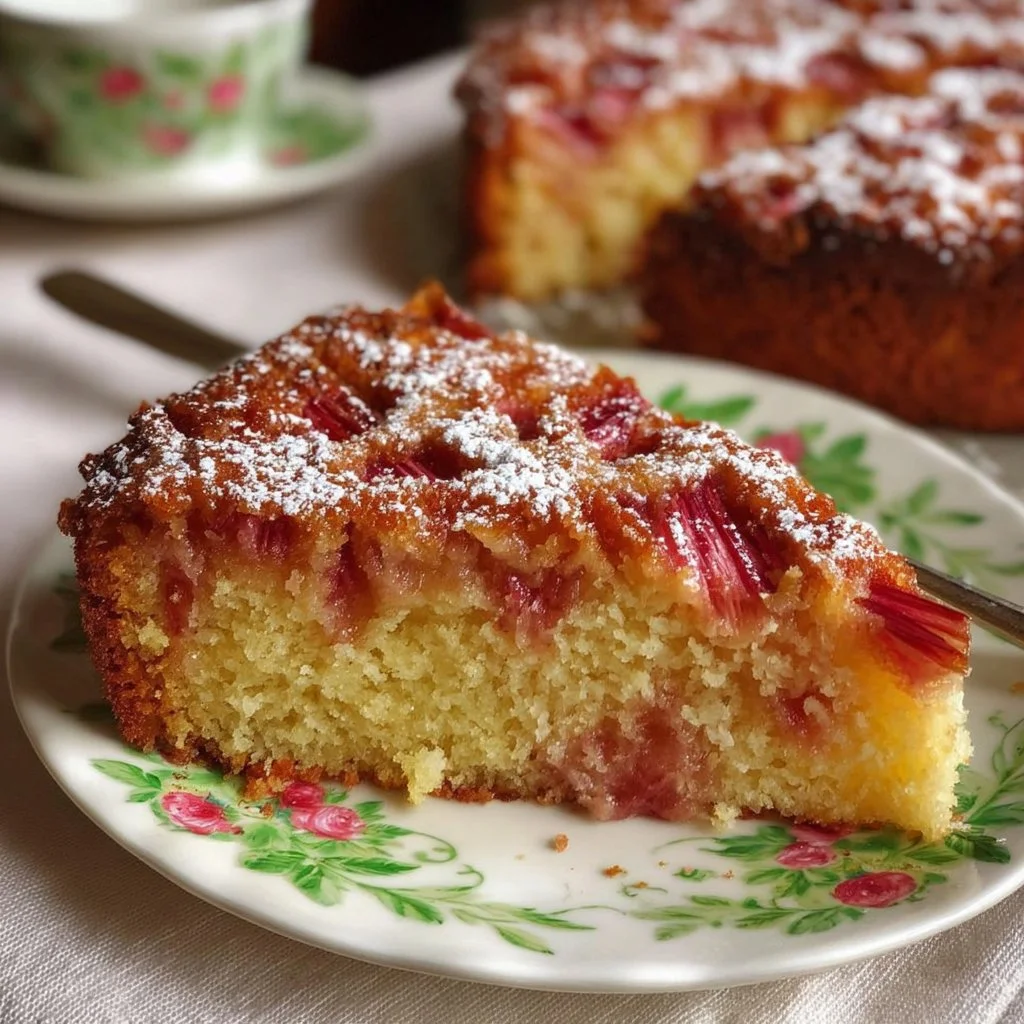 Ein köstlicher Rhabarber-Kokos-Kuchen auf einem Teller, dekoriert mit frischen Rhabarber-Stücken.