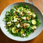 Rucola-Zucchini-Salat mit Feta und Pinienkernen auf einem Teller.