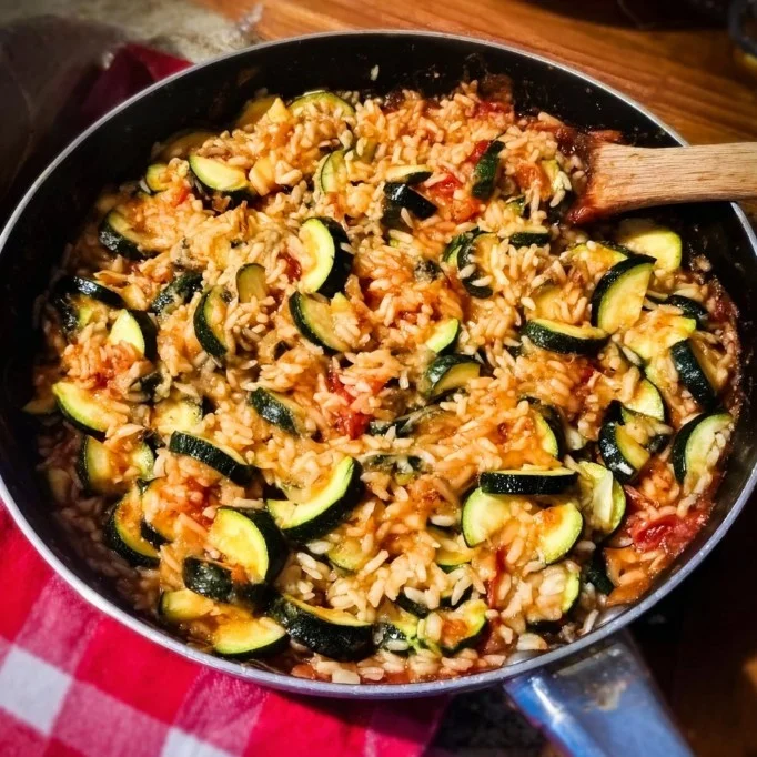 Schnelle Zucchini-Reis-Pfanne mit frischem Gemüse und Gewürzen