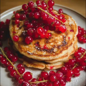 Süße Dinkel-Pancakes mit frischen Johannisbeeren auf einem Teller