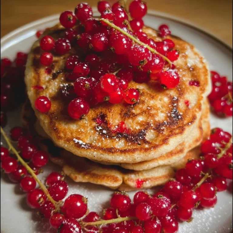 Süße Dinkel-Pancakes mit frischen Johannisbeeren auf einem Teller