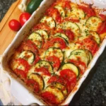 Tomaten-Zucchini-Auflauf mit geschmolzenem Mozzarella in einer Auflaufform