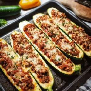 Zucchini-Boote mit würzigem Hackfleisch gefüllt auf einem Teller serviert