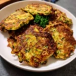 Leckere und knusprige Zucchinipuffer auf einem Teller serviert.