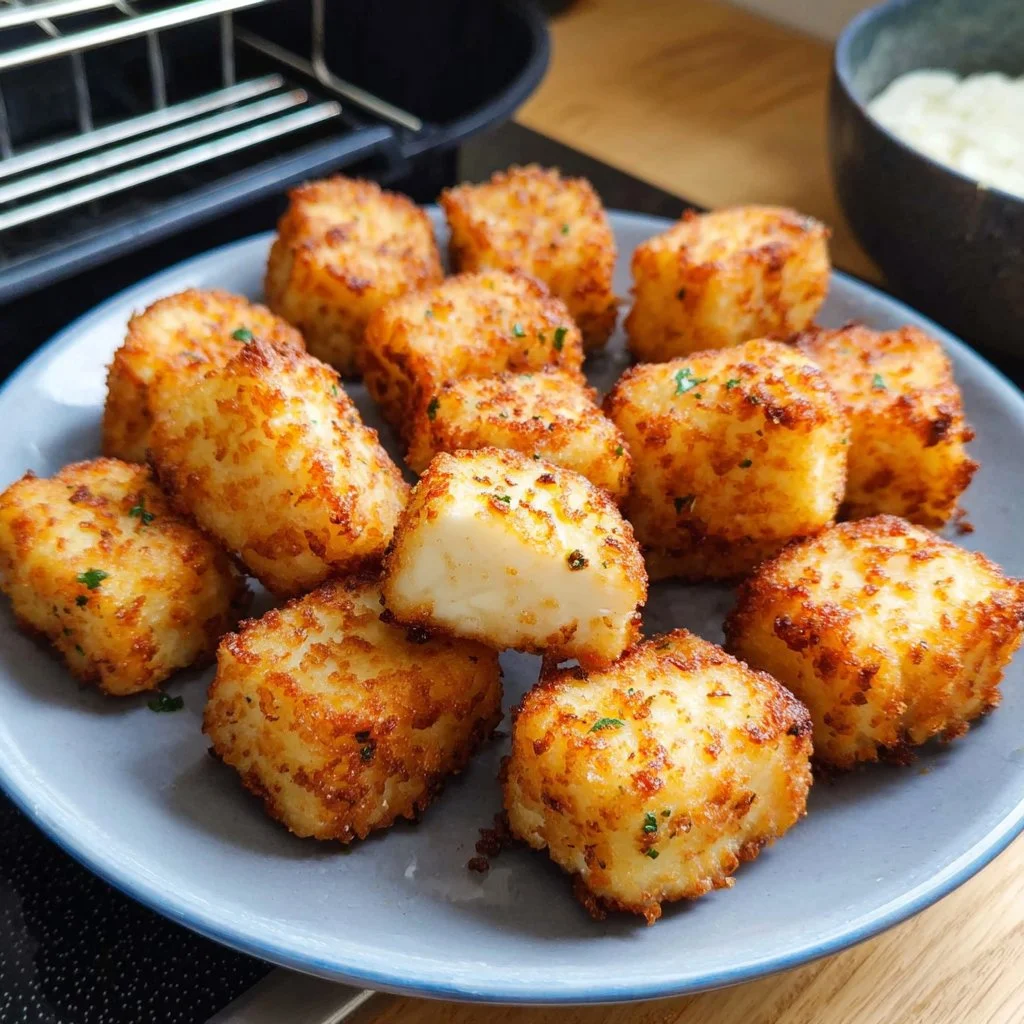 Feta-Häppchen aus dem Airfryer, goldbraun und knusprig serviert.