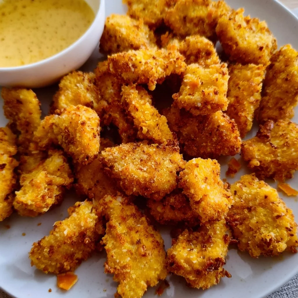 Knieper Nuggets mit einer knusprigen Nacho-Panade auf einem Teller