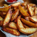 Knusprige Airfryer Kartoffelspalten auf einem Teller serviert