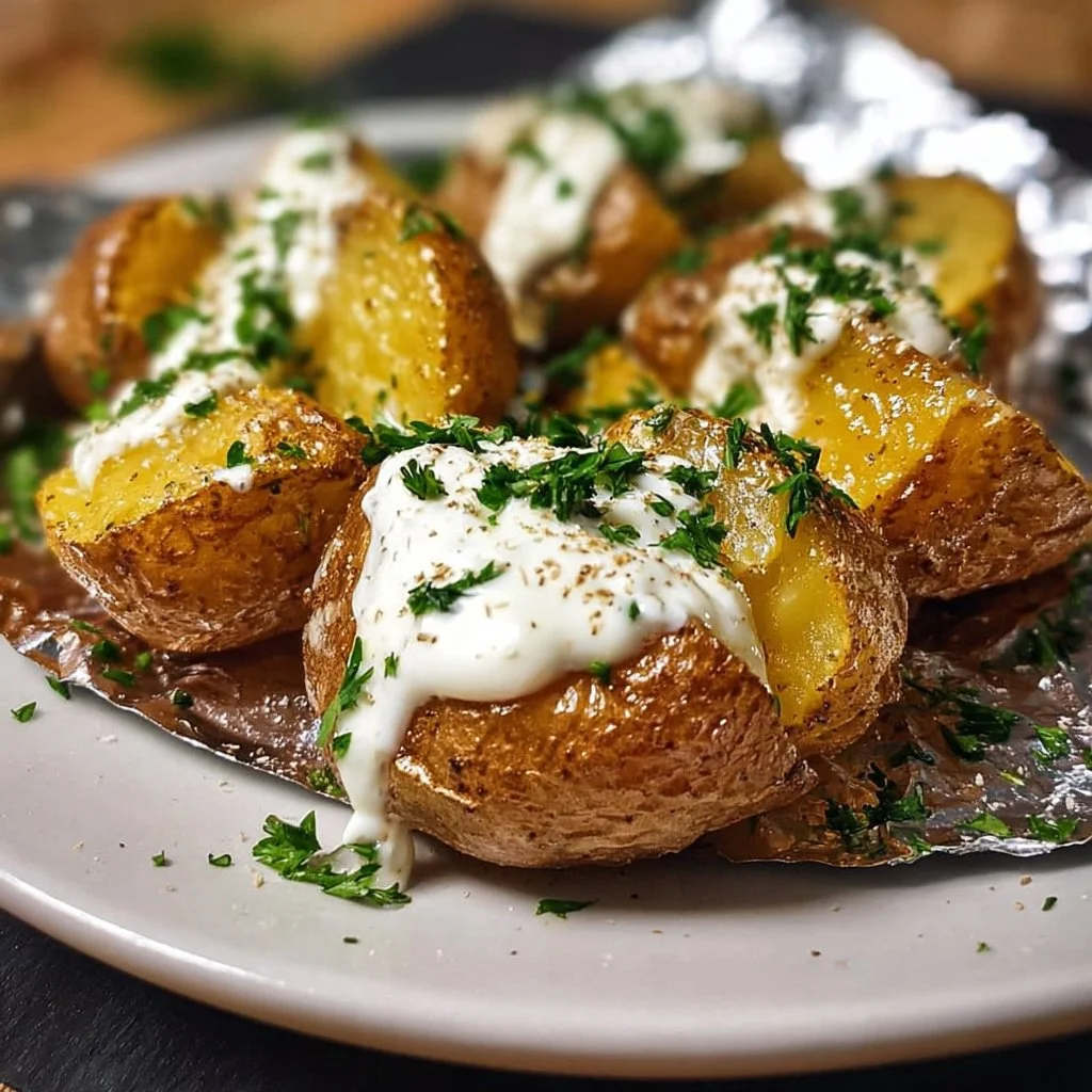Knusprige Ofenkartoffeln aus der Heißluftfritteuse auf einem Teller serviert