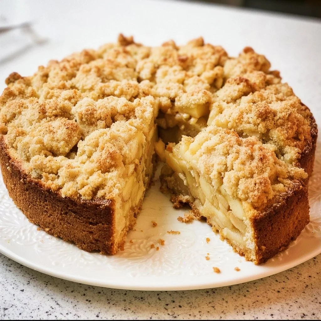 Apfelkuchen mit Streuseln auf einem bunten Teller serviert