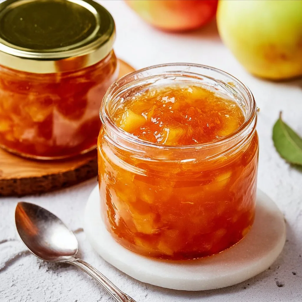 Hausgemachte Apfelmarmelade in einem Glas auf einem Tisch